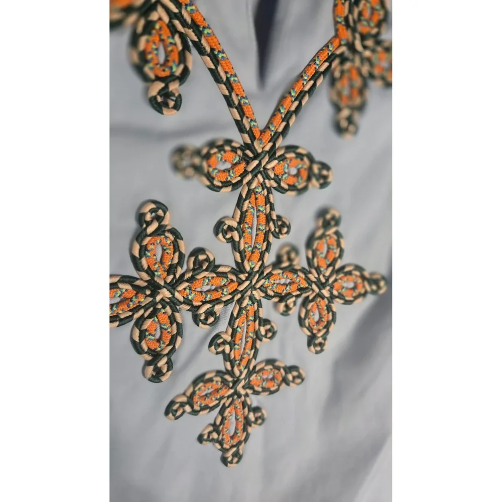 Tory Burch Embellished Tunic‎ Top Blue Cotton Rope Trim Size 8 Resort Coastal